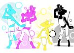  2019 3_toes abstract_background anthro black_body black_fur blue_body blue_fur bottomwear bubble cay_(toxoglossa) clothing crouching dancing digitigrade egyptian_mythology erect_tail feet forked_tail fur group head_tuft headphones male middle_eastern_mythology midriff mythology pants pink_body pink_fur pose set_(species) shirt sleeveless_shirt standing tail toes topwear toxoglossa tuft unusual_anatomy unusual_tail white_bottomwear white_clothing white_pants white_shirt white_topwear yellow_body yellow_fur 