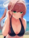  1girl absurdres arm_at_side bangs beach bikini black_bikini blue_sky bow breasts cleavage closed_mouth cloud collarbone doki_doki_literature_club frilled_bikini frills front-tie_bikini_top front-tie_top green_eyes hair_between_eyes hair_bow hand_on_own_ear hand_up highres hot large_breasts leaning_forward long_hair looking_at_viewer monika_(doki_doki_literature_club) ocean outdoors playing_with_own_hair ponytail sand sascha517 shiny_skin sidelocks sky smile solo sparkle sunlight sweat sweatdrop swimsuit upper_body water waves white_bow 