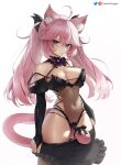  1girl ahoge animal_ear_fluff animal_ears areola_slip bangs bare_shoulders blush bow bowtie breasts bridal_gauntlets cameltoe cat_ears cat_girl cleavage clothes_pull greatodoggo hair_between_eyes hair_ornament highres leotard long_hair looking_at_viewer nyatasha_nyanners pink_hair purple_eyes solo strapless strapless_leotard tail thighs virtual_youtuber vshojo 