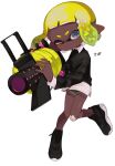  .52_gal_(splatoon) 1girl absurdres bandaid bandaid_on_knee bandaid_on_leg bangs black_footwear black_shorts black_sweater blonde_hair blue_eyes blunt_bangs blush bone_hair_ornament closed_mouth collared_shirt commentary_request dark-skinned_female dark_skin fish_bone full_body gradient_hair green_hair gun hair_ornament highres holding holding_gun holding_weapon inkling inkling_girl leg_up long_sleeves looking_at_viewer mikoshiba_m multicolored_hair one_eye_closed pointy_ears shirt shoes short_eyebrows short_hair short_shorts shorts sidelocks simple_background solo splatoon_(series) sweater tentacle_hair thick_eyebrows v-shaped_eyebrows weapon white_background white_shirt wing_collar 