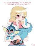  absurd_res anthro blush blush_lines clothing duo eeveelution english_text female generation_1_pokemon genitals hi_res holding_fish human male mammal meme nintendo penis pokemon pokemon_(species) radiosylent text vaporeon 