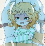  1girl bed blonde_hair cold collarbone commentary_request empty_eyes frozen gochuumon_wa_usagi_desu_ka? green_eyes green_shirt ice jacket kirima_syaro long_sleeves messy_hair mitya open_mouth pajamas pillow shirt sleeves_past_wrists solo striped striped_jacket tears trembling turn_pale under_covers wavy_mouth 