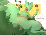  absurd_res anthro anus blush butt english_text eryz female food fruit generation_3_pokemon genitals green_body hi_res holding_object looking_at_viewer nintendo open_mouth plant pokemon pokemon_(species) pussy sceptile solo strawberry text yellow_eyes 