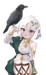  1girl :d bandaged_leg bandages bare_shoulders bird bird_on_hand blush cowlick crow detached_sleeves dot_nose epi_zero flower hair_flower hair_ornament highres kokkoro_(princess_connect!) pointy_ears princess_connect! red_eyes short_hair simple_background smile white_background white_hair 