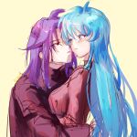  1boy 1girl absurdres blue_hair blush eirika_(fire_emblem) fire_emblem fire_emblem:_the_sacred_stones highres hug imminent_kiss lyon_(fire_emblem) nanashi_kuno red_eyes sketch sweater 