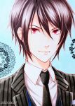  1boy 2021 black_necktie black_suit blue_background brown_hair closed_mouth collared_shirt dated formal kuroki_ryosuke looking_at_viewer male_focus necktie pink_eyes shirt short_hair smile solo suit white_shirt youvoice yumeiro_cast 