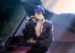  1boy abs bangs black_choker blue_hair chinese_commentary choker collared_shirt commentary ear_piercing earrings ensemble_stars! eyes_visible_through_hair fingernails holding holding_microphone instrument jewelry long_sleeves male_focus microphone partially_unbuttoned piano piercing ring rrr_(reason) sazanami_jun shirt sitting solo twitter_username watermark yellow_eyes 