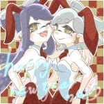  2girls animal_ears artist_name bangs breasts brown_eyes brown_necktie brown_pantyhose callie_(splatoon) checkered_background chinese_zodiac closed_mouth collar cousins cross-shaped_pupils detached_collar earrings fake_animal_ears fake_tail fangs grey_hair happy_new_year highres hug jewelry leotard long_hair looking_at_viewer marie_(splatoon) medium_breasts medium_hair mole mole_under_eye multiple_girls necktie new_year one_eye_closed open_mouth outline pantyhose pointy_ears rabbit_ears rabbit_tail signature smile splatoon_(series) strapless strapless_leotard swept_bangs symbol-shaped_pupils tail tentacle_hair utico317 very_long_hair white_collar white_leotard white_outline wing_collar wrist_cuffs year_of_the_rabbit 