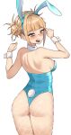  1girl absurdres animal_ears ass bags_under_eyes bare_shoulders blonde_hair blush boku_no_hero_academia breasts double_bun fishnets hair_bun highres large_breasts looking_at_viewer looking_back messy_hair open_mouth rabbit_ears rabbit_tail sideboob simple_background sleeveless solo tail tight toga_himiko white_background yellow_eyes zd_(pixiv6210083) 