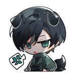  1boy anger_vein animal_ears bangs black_hair blue_lock chibi chinese_commentary chinese_text clip_studio_paint_(medium) commentary_request dog_boy dog_ears dog_tail green_eyes itoshi_rin jacket kemonomimi_mode long_sleeves looking_at_viewer male_focus short_hair simple_background solo spoken_anger_vein tail tong_jun tongue tongue_out upper_body white_background 
