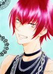 1boy 2021 black_choker black_tank_top blue_background brown_eyes chain chain_necklace choker dated jewelry looking_at_viewer male_focus necklace red_hair short_hair smile solo sudou_gaku tank_top teeth youvoice yumeiro_cast 