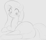  2023 arteficialtrees blush butt cutie_mark embarrassed equid equine eyebrows eyelashes female feral fluttershy_(mlp) friendship_is_magic grey_background greyscale hair hasbro hooves long_hair looking_down lying mammal monochrome mouth_closed my_little_pony nude on_side pegasus rear_view shaded simple_background sketch solo wings 