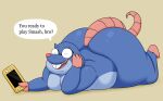  2023 absurd_res anthro big_butt blue_body butt colossalstars dylan_(the_human_heart) eulipotyphlan eyewear glasses hi_res lying male mammal mole_(animal) nintendo nintendo_switch overweight overweight_male simple_background solo the_human_heart_(game) 