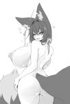  1girl animal_ear_fluff animal_ears ass back backboob breasts completely_nude cowboy_shot curvy ear_piercing fox_ears fox_girl fox_tail from_behind gigantic_breasts greyscale hair_over_shoulder highres huge_breasts kiri_(sub-res) large_tail looking_at_viewer looking_back monochrome nape nipples notched_ear nude one_eye_closed open_mouth original piercing shoulder_blades sideboob smile solo sub-res tail 