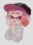  1girl :d bangs baseball_cap black_headwear blunt_bangs blush commentary_request cropped_torso fang grey_sweater hands_up hat highres inkling inkling_girl long_sleeves looking_at_viewer mikoshiba_m open_mouth own_hands_together pink_eyes pink_hair pointy_ears short_eyebrows short_hair sidelocks signature simple_background skin_fang smile solo splatoon_(series) suction_cups sweater tentacle_hair thick_eyebrows upper_body white_background 