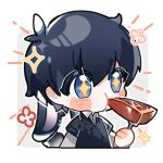  +_+ 1boy animal_ears black_hair black_shirt blue_eyes blue_lock blush chibi chinese_commentary clip_studio_paint_(medium) commentary_request eating food fork holding holding_food holding_fork isagi_yoichi kemonomimi_mode male_focus meat rabbit_boy rabbit_ears rabbit_tail shirt short_hair simple_background solo tail tong_jun upper_body white_background 