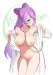  1girl absurdres bangs blush breasts character_name closed_mouth coat collarbone commentary_request earrings eyelashes green_eyes highres jewelry long_hair looking_to_the_side miriam_(pokemon) navel nipples off_shoulder open_clothes open_coat pokemon pokemon_(game) pokemon_sv purple_hair solo white_background white_coat yichenzijihuweijian 