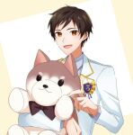  1boy akashi_tatsuma brown_hair coat collared_shirt earrings holding holding_stuffed_toy jewelry long_sleeves looking_at_viewer male_focus masaki_729 open_mouth orange_eyes readyyy! shirt short_hair smile solo stuffed_animal stuffed_dog stuffed_toy white_coat white_shirt 