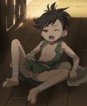  1girl bandaged_arm bandages barefoot black_hair brown_eyes dororo_(character) dororo_(tezuka) flat_chest full_body haruyama_kazunori japanese_clothes looking_at_viewer on_floor one_eye_closed open_mouth ponytail short_hair solo teeth upper_teeth_only 