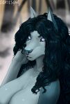  2023 absurd_res anthro artist_name breasts canid canine canis digital_media_(artwork) female forest goatesque hair hi_res looking_at_viewer mammal plant signature solo tree wolf year 