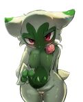  absurd_res anthro blush bodily_fluids female floragato generation_9_pokemon genital_fluids genitals green_body hi_res looking_at_viewer menyang nintendo pokemon pokemon_(species) pussy pussy_juice red_eyes simple_background solo thick_thighs white_background 