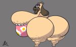  2023 anthro bald barely_contained big_breasts big_butt breast_squish breasts butt canid canine canis cellulite clothed clothing colored digital_drawing_(artwork) digital_media_(artwork) domestic_dog elderly_female female floppy_ears fur hair hi_res huge_breasts huge_butt huge_hips huge_thighs hyper hyper_butt illis looking_at_viewer looking_back mammal mary_mabuff mature_anthro mature_female molosser mostly_nude old overweight overweight_anthro overweight_female pug rear_view shaded simple_background skimpy small_molosser smile solo squish standing stretch_marks tan_body tan_fur tan_skin thick_thighs tight_clothing toy_dog wide_hips wrinkles 