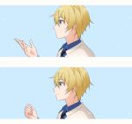  1boy blonde_hair blue_eyes blue_hair blue_shirt border closed_mouth coat collared_shirt facing_to_the_side highres kuze_mitsuki light_blue_hair looking_ahead male_focus masaki_729 open_mouth parted_lips readyyy! shirt short_hair smile solo white_border white_coat 