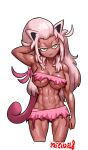  1girl abs absurdres animal_ears arm_behind_head blush_stickers breasts cropped_legs fangs half-closed_eyes highres large_breasts looking_at_viewer microskirt minuspal muscular muscular_female personification pink_hair pokemon scream_tail simple_background skirt solo torn_clothes underboob white_background yellow_eyes 