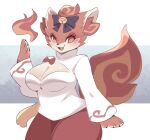  anotherbearsimp anthro biped breasts canid canine cleavage clothed clothing fangs female fire fox glistening glistening_breasts gunfire_reborn hi_res inner_ear_fluff li_(gunfire_reborn) mammal orange_body red_eyes ribbons simple_background smile solo tan_body teeth tuft 