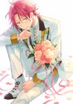  1boy bangs black_socks blush buttons closed_mouth commentary ensemble_stars! flower formal green_eyes high_collar isara_mao knee_up lapels long_sleeves male_focus no_hairclip pants petals pink_flower pink_ribbon purple_hair ribbon seuga short_hair sitting socks solo white_background white_pants 