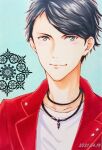  1boy 2021 aizawa_yutaro black_hair blue_background blush closed_mouth dated green_eyes jacket jewelry looking_at_viewer male_focus necklace red_jacket shirt short_hair smile solo white_shirt youvoice yumeiro_cast 