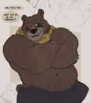  1_eye absurd_res anthro anthrofied bear belly blind_eye brown_body brown_fur bulge crossed_arms english_text fur grin hi_res male mammal mature_male musclegut navel nipples papa_bear_(puss_in_boots) pecs puss_in_boots_the_last_wish scar shirtless smile solo text xeoniios 