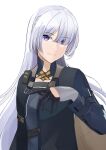  1girl absurdres ak-15_(girls&#039;_frontline) alternate_costume an-94_(girls&#039;_frontline) an-94_(girls&#039;_frontline)_(cosplay) arm_up bangs black_gloves braid breasts closed_mouth cosplay defy_(girls&#039;_frontline) french_braid girls&#039;_frontline gloves grey_hair hair_over_one_eye highres long_hair long_sleeves looking_at_viewer medium_breasts purple_eyes smile solo sorayan_03 tactical_clothes upper_body white_background 