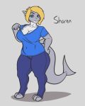  anthro blonde_hair blue_eyes bottomwear clothed clothing clothing_lift cosmic_klutz eyebrows female fin fish grey_body hair half-closed_eyes hand_on_hip hi_res looking_at_viewer marine mature_female narrowed_eyes pants raised_eyebrow shark shirt shirt_lift solo tail tail_fin thick_thighs topwear 