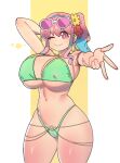  1girl arm_behind_head bikini breasts gintm green_bikini heart heart-shaped_eyewear highleg highleg_swimsuit highres hozuki_kaede large_breasts mixed-language_commentary multicolored_hair navel one_eye_closed onii-chan_wa_oshimai! pink_eyes pink_hair swimsuit thick_thighs thighs 