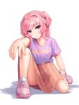  1girl absurdres arm_behind_back bangs closed_mouth clothes_writing collarbone commentary doki_doki_literature_club english_commentary english_text expressionless eyelashes eyes_visible_through_hair hair_ornament hair_ribbon head_tilt highres kneeling legs looking_at_viewer medium_skirt natsuki_(doki_doki_literature_club) one_knee orange_skirt pink_eyes pink_footwear pink_hair purple_shirt ribbon sascha517 shirt shirt_tucked_in shoes short_hair short_sleeves short_twintails simple_background skirt sneakers solo striped striped_skirt t-shirt thighs twintails upskirt white_background white_ribbon x_hair_ornament 