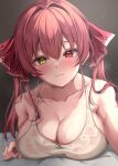  1girl alternate_costume bare_shoulders blush breasts casual cleavage closed_mouth collarbone hair_between_eyes heterochromia highres hololive houshou_marine large_breasts light_frown long_hair looking_at_viewer reaching_towards_viewer red_eyes red_hair selfie shirt solo sweat takuty tank_top twintails upper_body virtual_youtuber wet wet_clothes wet_shirt yellow_eyes 