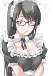  1girl black_hair breasts bright_pupils cleavage elf_(stroll_in_the_woods) glasses highres large_breasts long_hair maid maid_headdress original purple_eyes solo translated upper_body white_background white_pupils 