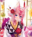  1girl animal_ear_fluff animal_ears artist_request bangs blue_eyes breasts closed_mouth hanayono_menora indie_virtual_youtuber japanese_clothes kimono looking_at_viewer medium_breasts medium_hair obi pink_hair sash second-party_source smile solo tail upper_body virtual_youtuber 