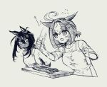 2girls ahoge angry animal_ears apron breasts clenched_hands cucumber cutting_board flying_sweatdrops greyscale highres hishi_amazon_(umamusume) horse_ears long_hair mame_nabe_donko medium_breasts meisho_doto_(umamusume) monochrome motion_blur multiple_girls open_mouth shirt short_hair sleeves_rolled_up speed_lines sweater traditional_media umamusume upper_body v-shaped_eyebrows 