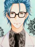  1boy 2021 aqua_eyes black_necktie blue_hair closed_mouth collared_shirt dated formal glasses grey_shirt grey_suit haiba_takuma highres light_blue_hair looking_at_viewer male_focus necktie shirt short_hair smile solo suit youvoice yumeiro_cast 