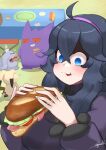  1girl @_@ ahoge alternate_breast_size artist_name bangs black_hair blue_eyes blush bottle breasts commentary_request crumbs eating food gengar greavard hair_between_eyes hairband hex_maniac_(pokemon) highres holding holding_food john_(a2556349) large_breasts long_hair long_sleeves looking_at_food mimikyu open_mouth plate pokemon pokemon_(creature) pokemon_(game) pokemon_sv pokemon_xy purple_hairband sandwich sweater table tomato tomato_slice turtleneck turtleneck_sweater 