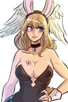  1girl absurdres bangs blue_eyes breast_tattoo breasts brown_hair cleavage eunie_(xenoblade) head_wings highres large_breasts long_hair medium_hair playboy_bunny scruffyturtles smile solo tattoo white_wings wings xenoblade_chronicles_(series) xenoblade_chronicles_3 