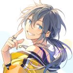  1boy bangs blue_eyes circle commentary english_text ensemble_stars! grey_hair hair_between_eyes index_finger_raised jacket jacket_partially_removed jewelry long_hair long_sleeves male_focus necklace open_clothes open_jacket ponytail ring seuga shiina_niki sleeveless smile solo teeth white_background 