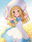  1girl armpits arms_up bangs blonde_hair blush collared_dress commentary_request day dress eyelashes falling_petals green_eyes hands_on_headwear hat highres kinocopro lillie_(pokemon) long_hair looking_at_viewer oricorio oricorio_(pom-pom) outdoors parted_lips petals pokemon pokemon_(creature) pokemon_(game) pokemon_sm sky sleeveless sleeveless_dress smile sun_hat twitter_username watermark white_dress white_headwear 