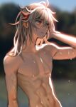  1boy abs absurdres alternate_hairstyle badamon bangs blurry blurry_background day genshin_impact grey_hair hair_between_eyes hair_down hand_in_own_hair highres kaedehara_kazuha long_hair male_focus mixed-language_commentary multicolored_hair nude outdoors red_eyes red_hair solo streaked_hair toned toned_male topless_male upper_body wet 