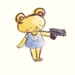  2021 anthro bear blue_bottomwear blue_clothing blue_skirt bottomwear cheek_spots clothing cookie&#039;s_bustle cookie_blair female fur gun holding_gun holding_object holding_weapon infinitebrians mammal ranged_weapon simple_eyes sketch skirt smile solo weapon yellow_body yellow_fur 