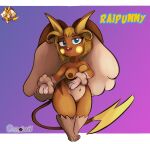  anthro areola belly blonde_hair blue_eyes bodymarking breast_squish breasts cosmonaut female fur fusion generation_1_pokemon generation_4_pokemon genitals hair hi_res hybrid_pokemon lopunny navel nintendo paws pokemon pokemon_(species) pokemon_fusion pussy raichu short_stack solo squish 