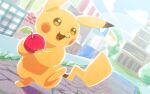  :3 :d apple blue_sky clock clock_tower day food fruit grass holding holding_food holding_fruit leaf leg_up market_stall no_humans open_mouth outdoors path pikachu pokemon pokemon_(creature) shadow sky smile tower tree ukata yellow_eyes 