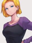  1girl android_18 black_shirt blonde_hair blue_eyes breasts closed_mouth dragon_ball dragon_ball_super earrings jewelry kemachiku purple_shirt raglan_sleeves shirt short_hair solo 